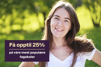 Smilende kvinne utendørs med tekst om 25% rabatt på populære fagskoler.