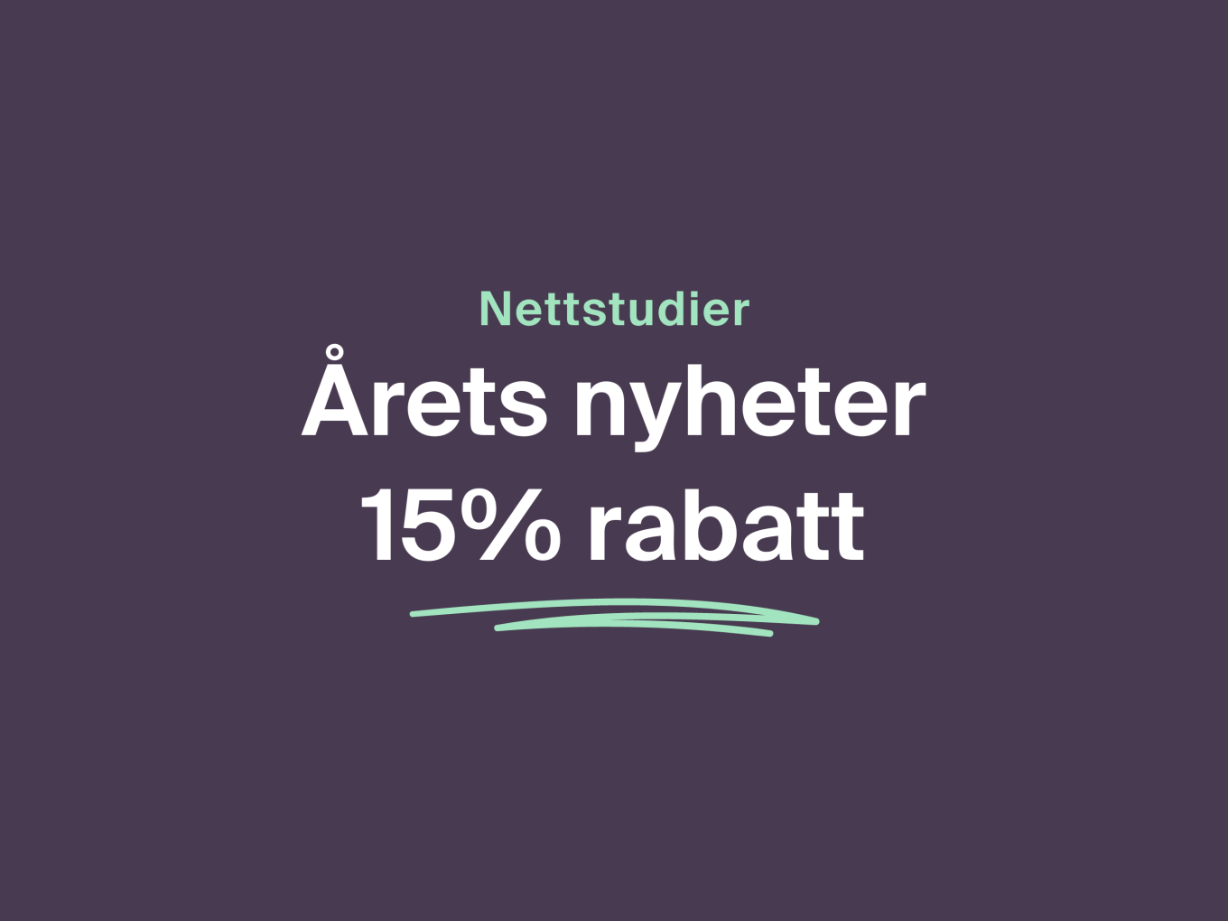 Illustrasjonsfoto med teksten: Årets nyheter 15% rabatt med lilla bakgrunn