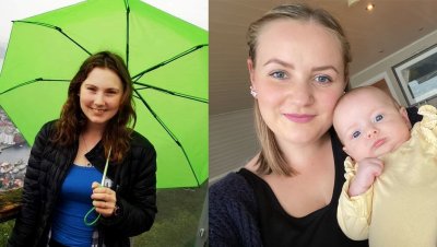 To kvinner smiler, en med grønn paraply, en med baby.