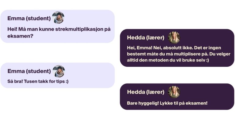 Bildet viser dialog mellom student Emma og lærer Hedda