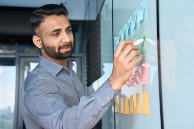 Mann skriver på en tavle med fargerike post-it-lapper i et kontor.