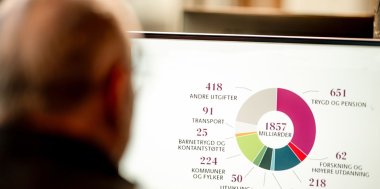 Person ser på en dataskjerm med et fargerikt kakediagram og økonomiske tall.