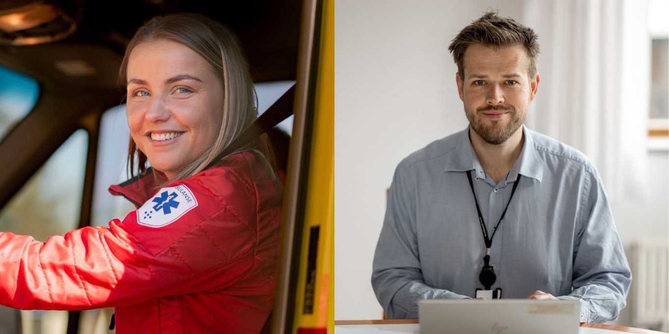 Kvinne i ambulanseuniform og mann ved skrivebord med laptop.