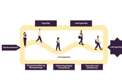 Fargerik prosessinfografikk som viser steg i en læringsprosess fra introduksjon til integrasjon.