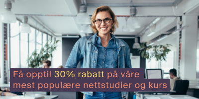 Smilende kvinne i kontorlandskap med tekst om 30% rabatt på nettstudier og kurs.